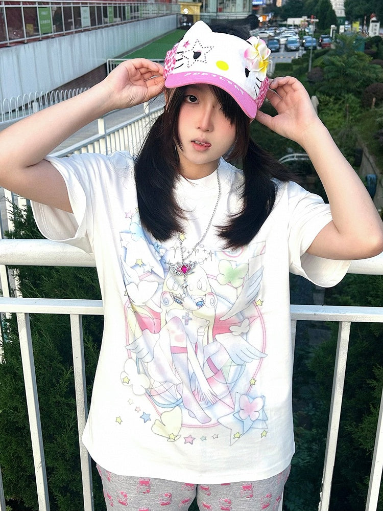 Anime Girl Print White Round Neck Loose Cotton T-shirt