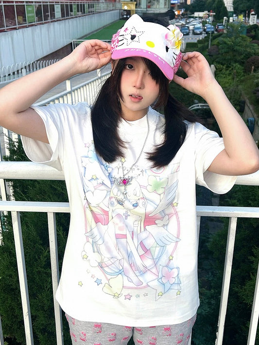 Anime Girl Print White Round Neck Loose Cotton T-shirt