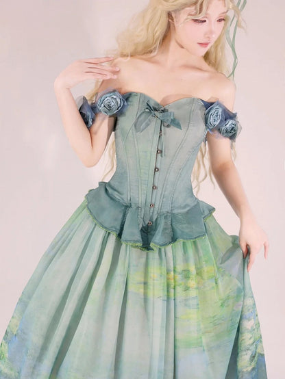 Green Flounce Hem Boned Corset Top with Detachable Floral Adornments
