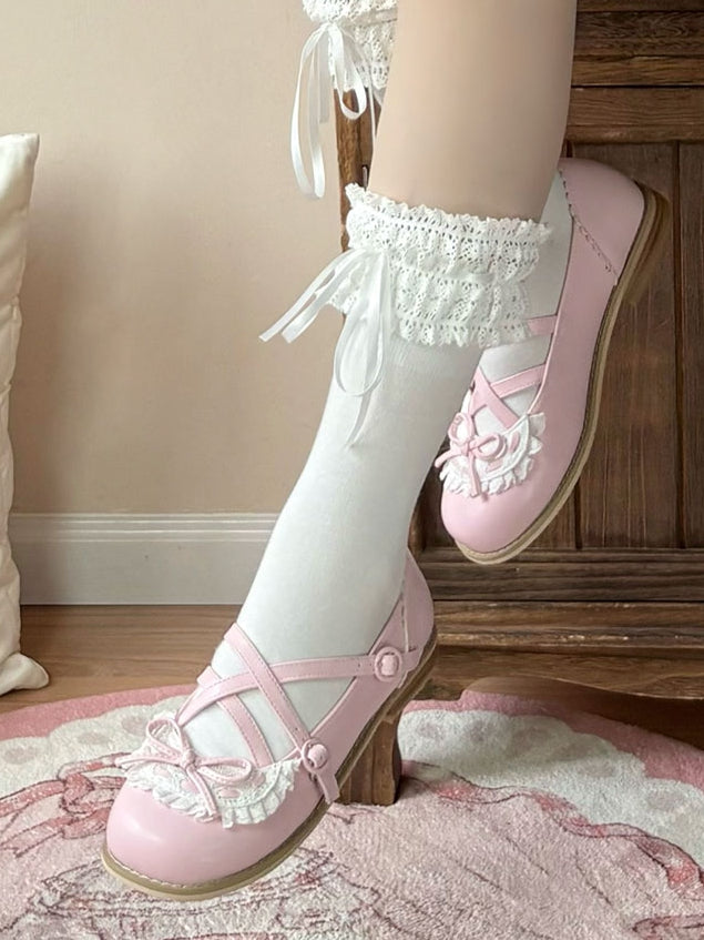Pink Crisscross Design Lace Trim Bow at Top Lolita Shoes