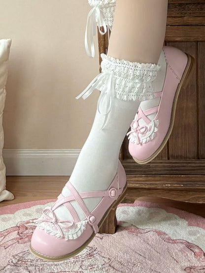 Pink Crisscross Design Lace Trim Bow at Top Lolita Shoes