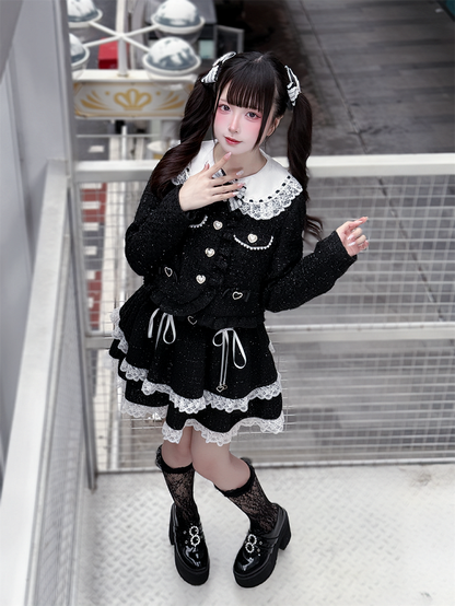 Jirai Kei Black Tweed Tiered Skirt with White Lace Trim & Lace-Up Detail
