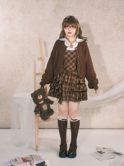 Plus Size Preppy Tiered Brown Plaid Dress with Sailor Collar & Detachable Roses