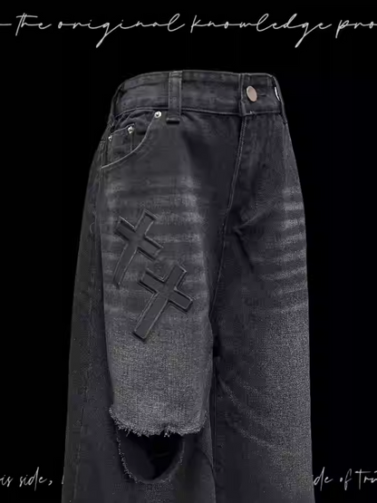 Black Cross Appliques Distressed Holes Vintage Straight-Leg Jeans