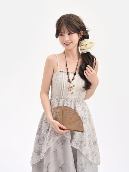 Cheongsam Style Gray Jacquard Asymmetrical Tassel Hem Mori Kei Slip Dress