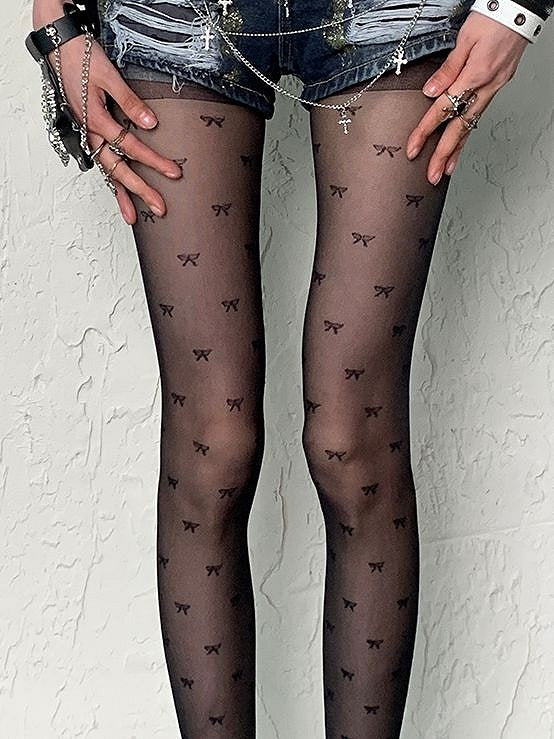 Gyaru Fashion Black Bowknot Print Y2K Tights