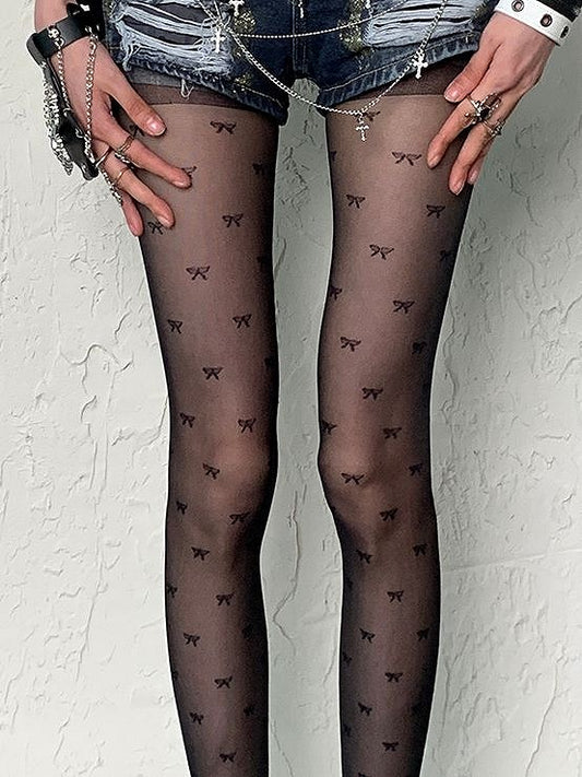 Gyaru Fashion Black Bowknot Print Y2K Tights
