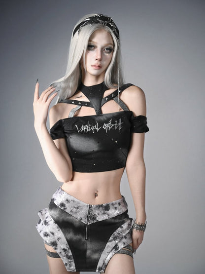 Y3K Fashion Futuristic Black and Silver Low-Waist Side Elastic Bands Cyberpunk Asymmetrical Skort