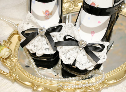 Heart-shaped Hollowed Heel Black Elegant Mary Janes with Lace Bowknot Clips