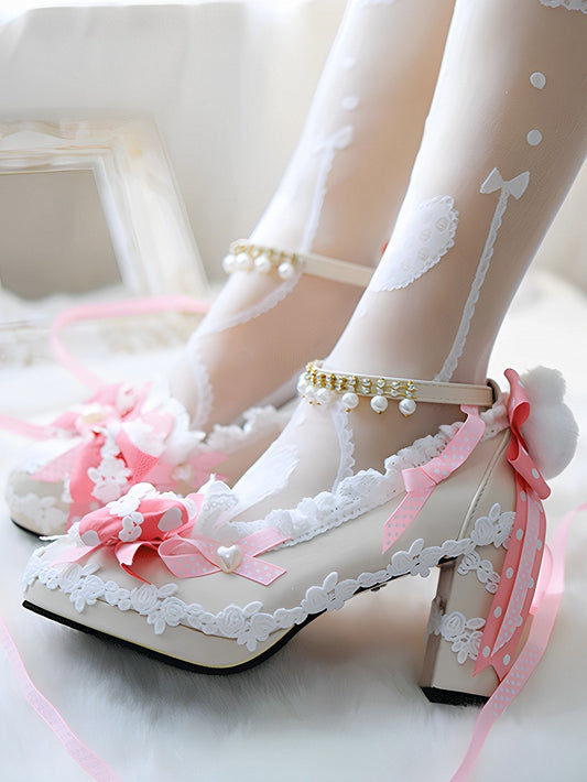 Pink Sweet Lolita Bow at Top Plush Bunny Decorated 8CM Block Heels Lolita Shoes
