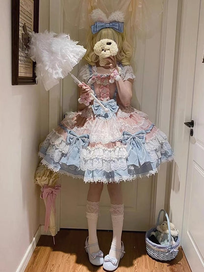 Blue and Pink Princess Dress Detachable Bows and Bead Details Sweet Lolita Dress
