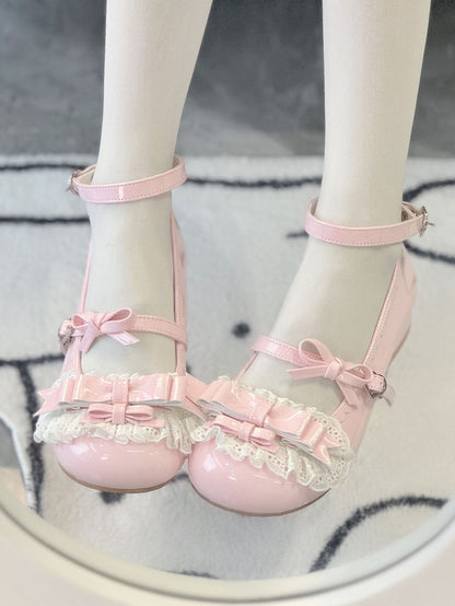 Pink Sweet Lolita Low-heel Mary Janes with Ruffled Lace Details & Bow Decor