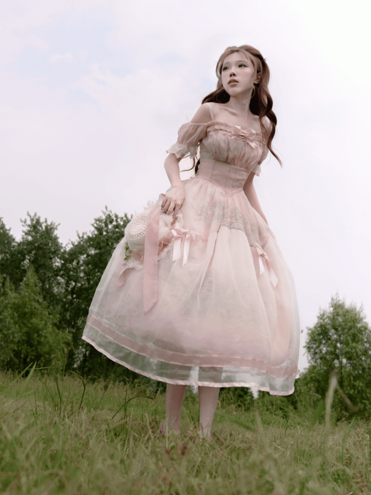 Oil Painting Water Lily Print Basque Waist Light Pink Dress with Organza Overlay