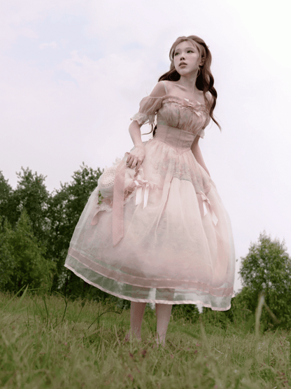 Oil Painting Water Lily Print Basque Waist Light Pink Dress with Organza Overlay