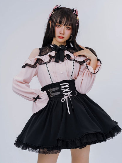 Jirai Kei Open Shoulders Long Sleeves Black and Pink Blouse