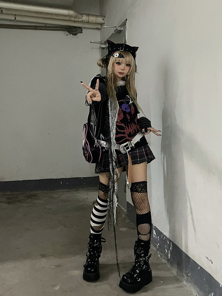 Black Skeleton and Star Print Punk Rock Cotton Top Faux Two-pieces