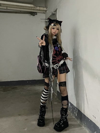 Black Skeleton and Star Print Punk Rock Cotton Top Faux Two-pieces