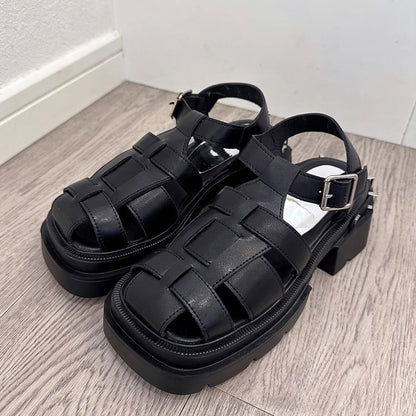 Black Cage Design Slingback Platform Sandals