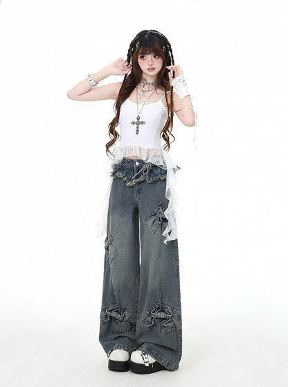 Blue Big Bows Raw Hem Wide-Leg Jeans