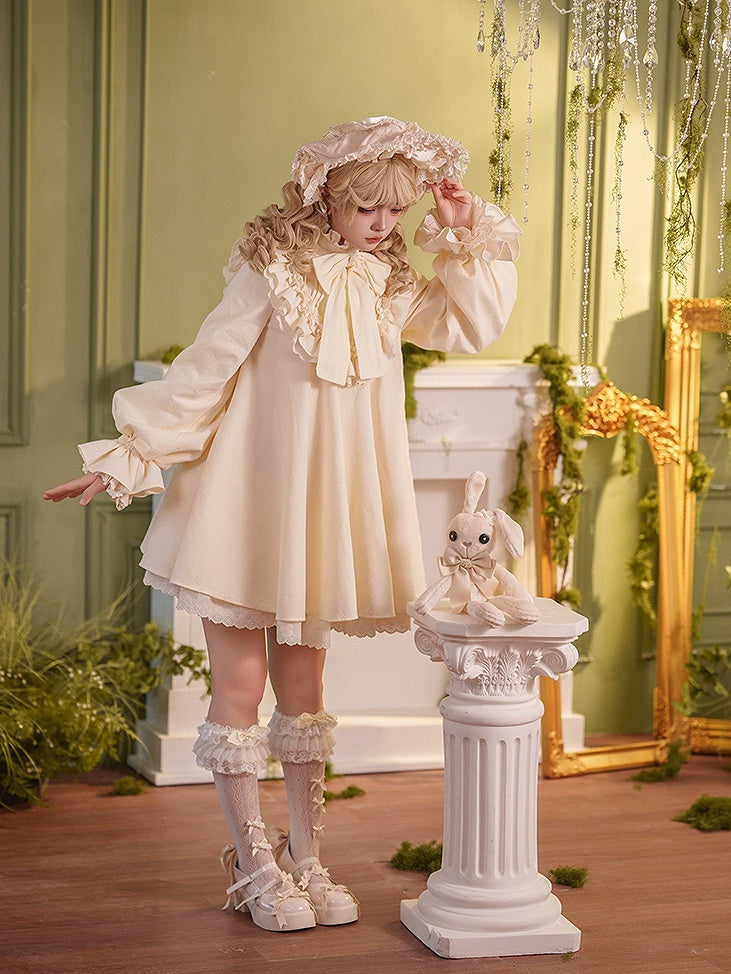 Beige Big Bow Ruffled High Neck Sweet Lolita Long Sleeves Cotton Dress