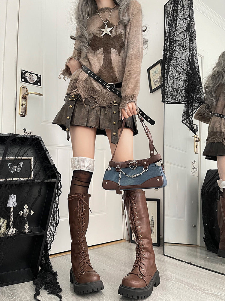 Dark Brown Ita Bag with Chain and Heart Charm