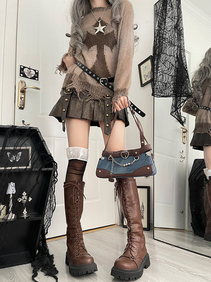 Dark Brown Ita Bag with Chain and Heart Charm