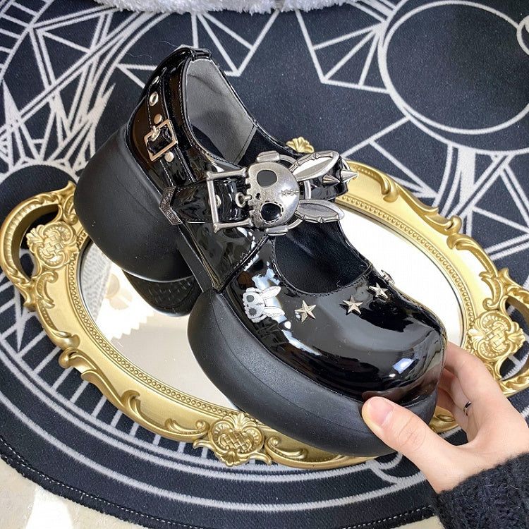 Studs Polished Black Platform Mary Janes with Skeleton Rabbit Buckles