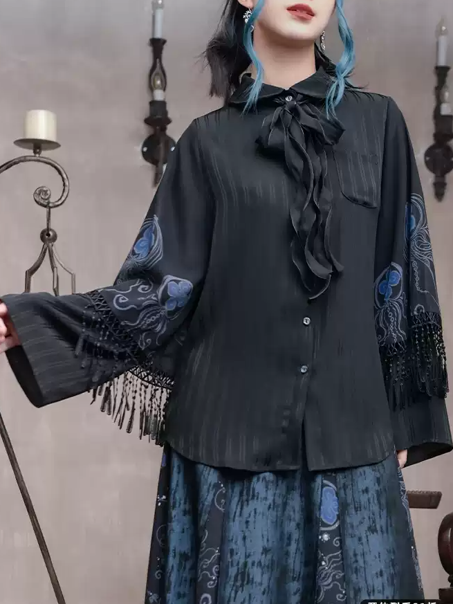 Blue Jellyfish Print Black Peter Pan Collar Tassel Cuffs Cheongsam Style Blouse with Self-tie Bow