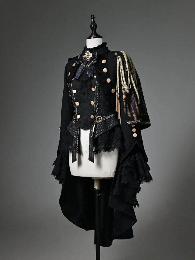 Ouji Fashion Lolita Knight Outfit - Black Long Sleeves Top + Black One-shoulder Cape Tailcoat