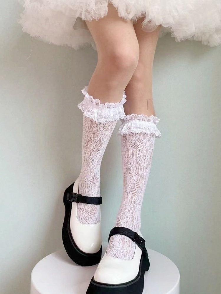 White/Yellow/Black Ruffled Lace Cuff Lolita Socks