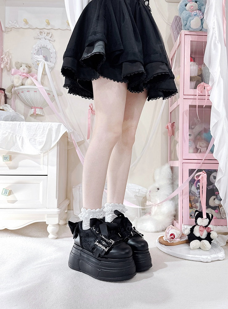 Black Bow Accents Beaded Buckle Design Jirai Kei Platforms Shoes