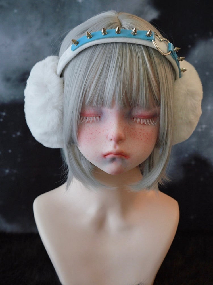 White & Blue Handmade Heart Ring Studded Plush Earmuffs