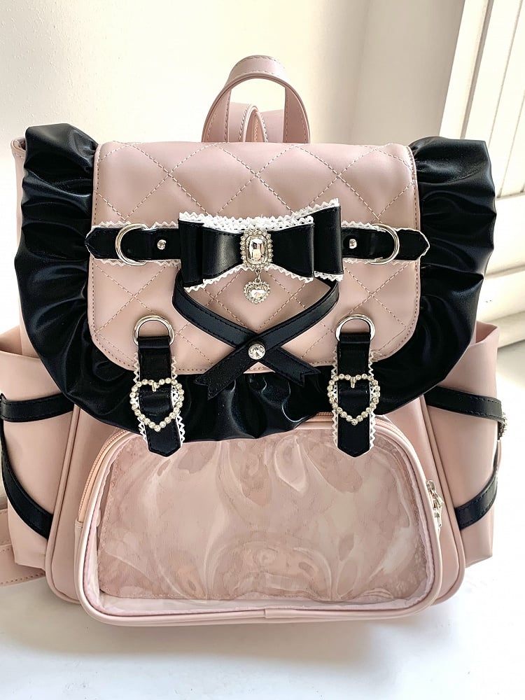 Jirai Kei Black / Black & Pink PU Backpack with Glitter Bow & Rhinestone Decor