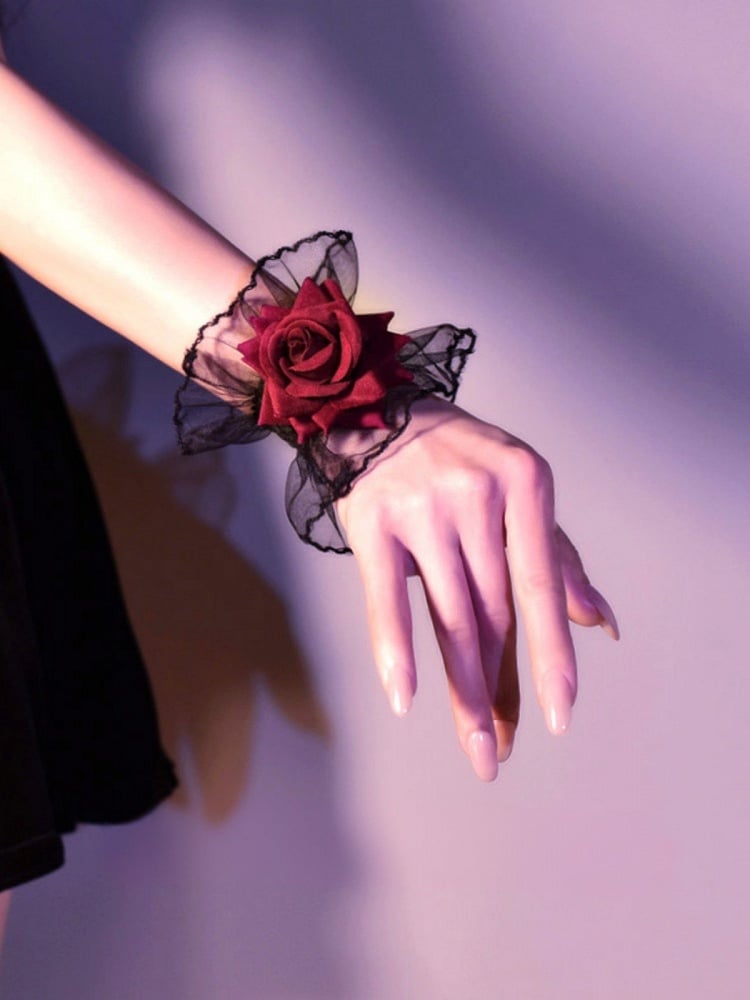 Black Gothic Rosette Lace Wrist Cuffs