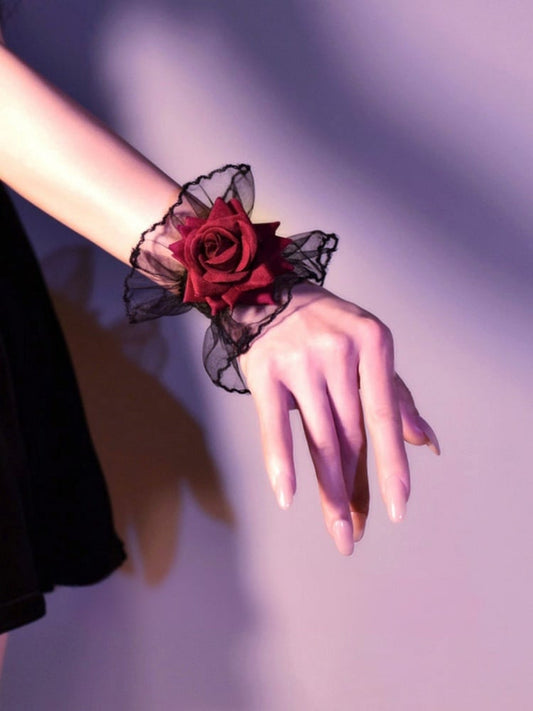 Black Gothic Rosette Lace Wrist Cuffs