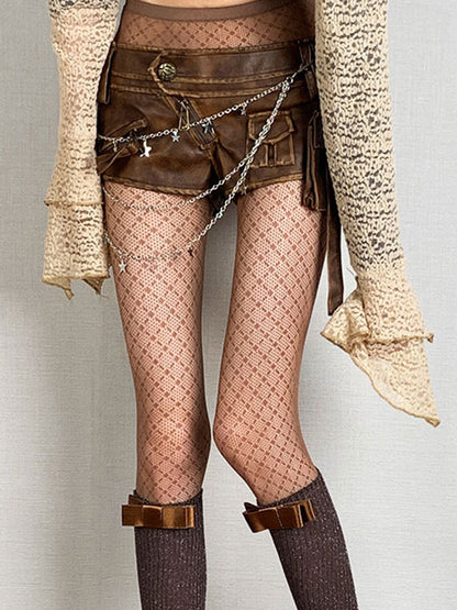 Brown Diamond Pattern Wasteland Punk Tights/ Under Knee Stockings