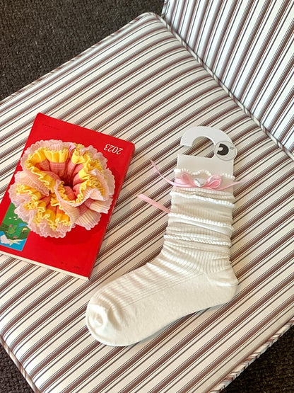 6 Color Options Beaded Heart Decorated Bowknot Detail Loose Calf Socks