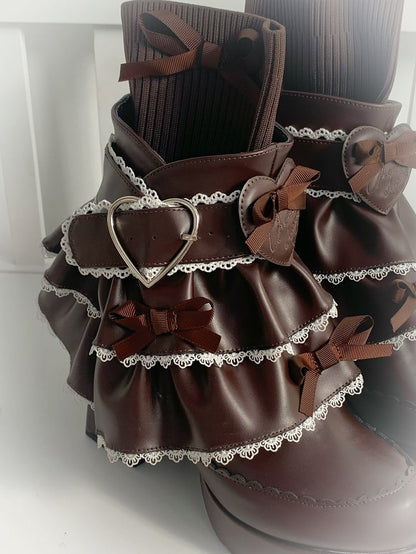 Brown Sweet Lolita Boots in PU - Layered Skirt-like Frills & Romantic Heart Clasp