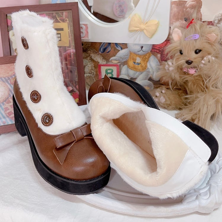 Brown & White Elegant Lolita 4cm/6cm Mid-heel Winter Boots - Plush Lining with Button Accents, Bow Details & Inner Zipper