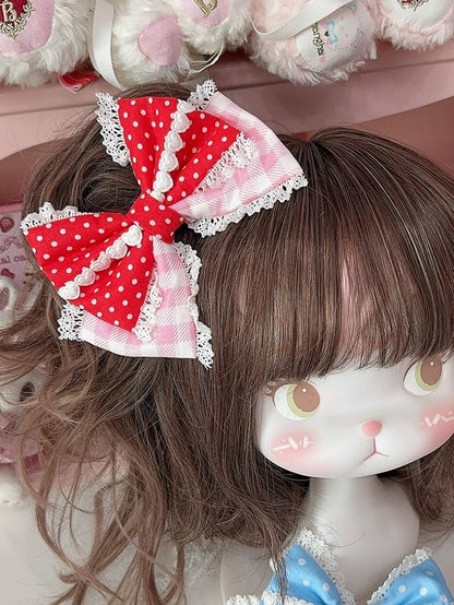 5 Color Options Lace Trim Plaid And Polka-dot Pattern Bowknot Hairclip
