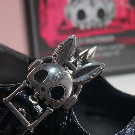 Studs Crack Black Platform Mary Janes with Skeleton Rabbit Buckles