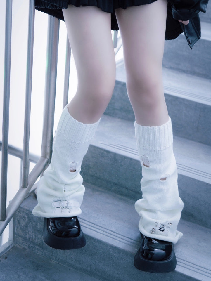 PU Buckles Gothic White Distressed Holes Leg Warmers