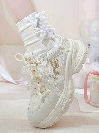 White Beaded Decorated Bowknot Details Front Lace-up Ties Sneakers
