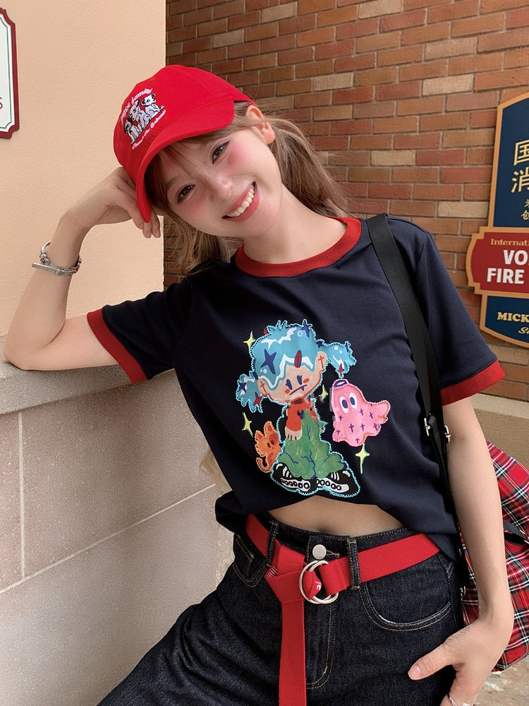 Navy Blue Round Neck Cartoon Print Contrast Trim T-shirt