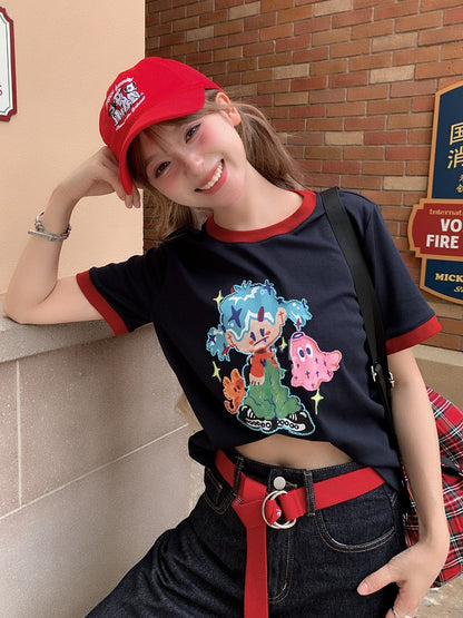 Navy Blue Round Neck Cartoon Print Contrast Trim T-shirt