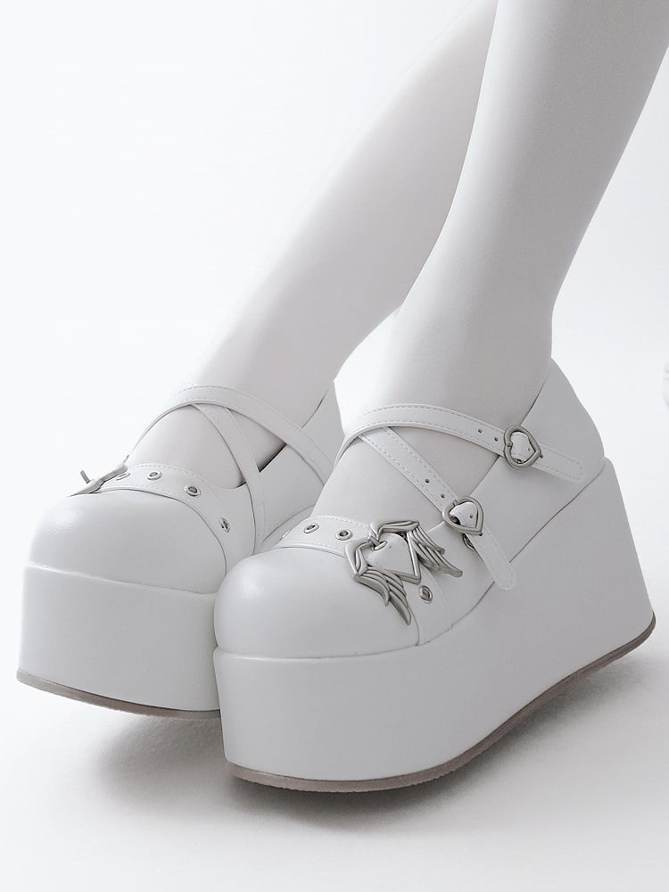 White Y2K Crisscross Design Wings Decorated Heart Buckles Platforms