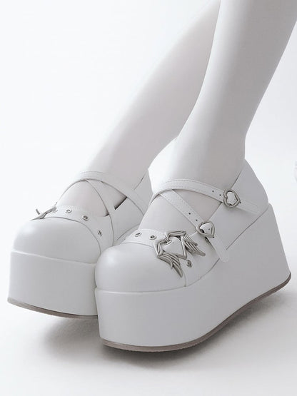 White Y2K Crisscross Design Wings Decorated Heart Buckles Platforms