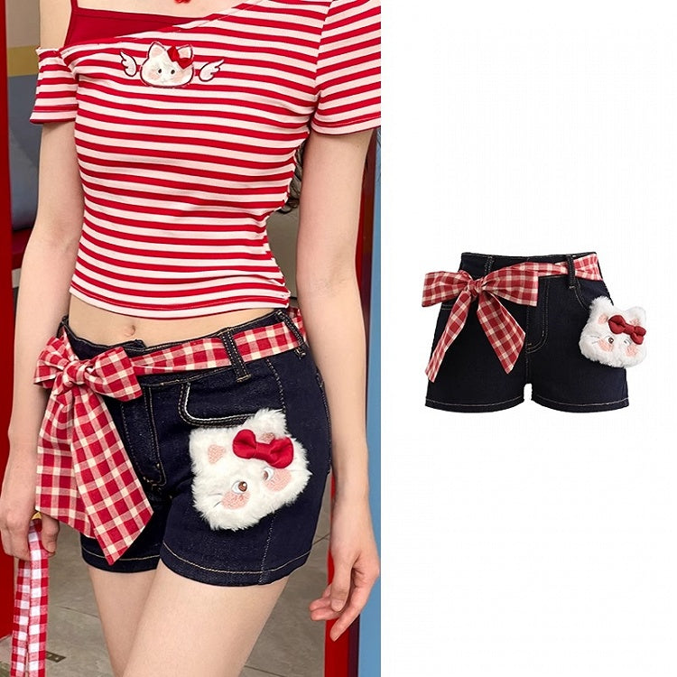 Dark Blue Straight-leg Denim Shorts with Kitty Plushie and Red Plaid Waist Accessory
