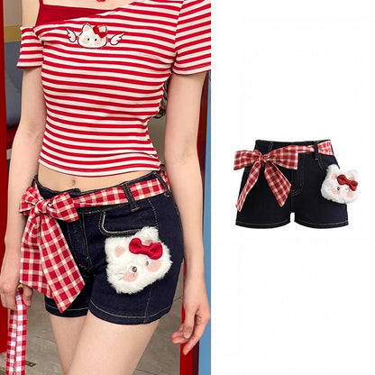 Dark Blue Straight-leg Denim Shorts with Kitty Plushie and Red Plaid Waist Accessory