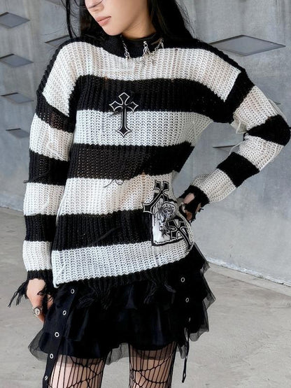 Punk Cross Applique Black and White Striped Distressed Sweater
